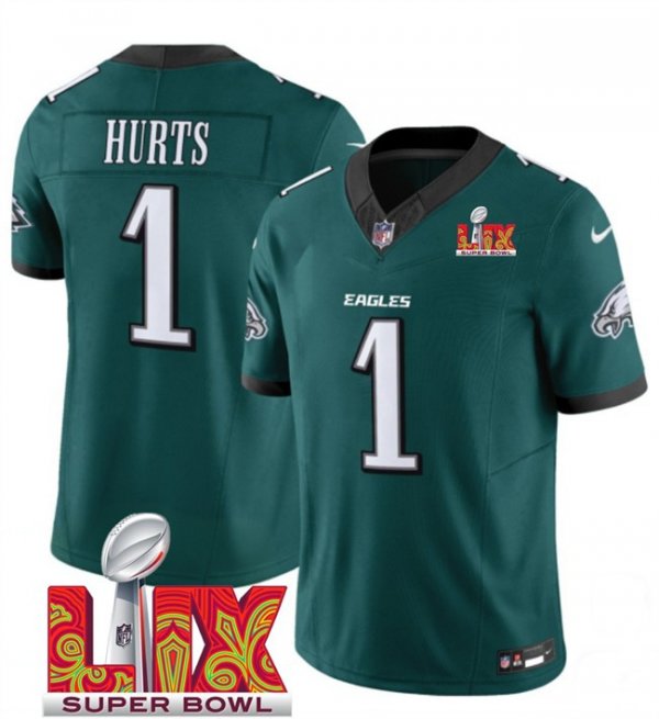Men's Philadelphia Eagles #1 Jalen Hurts Green Super Bowl LIX F.U.S.E. Vapor Untouchable Limited Stitched Jersey
