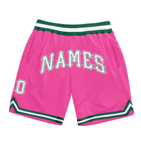 Men's Custom Pink White-Kelly Green Authentic Throwback Basketball Shorts