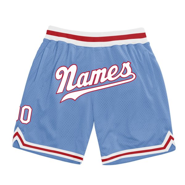 Men's Custom Light Blue White-Red Authentic Throwback Basketball Shorts