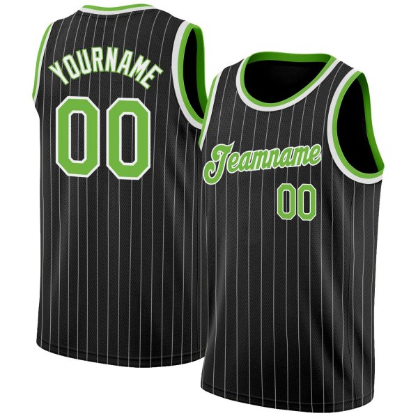 Men's Custom Black White Pinstripe Neon Green-White Authentic Basketball Jersey