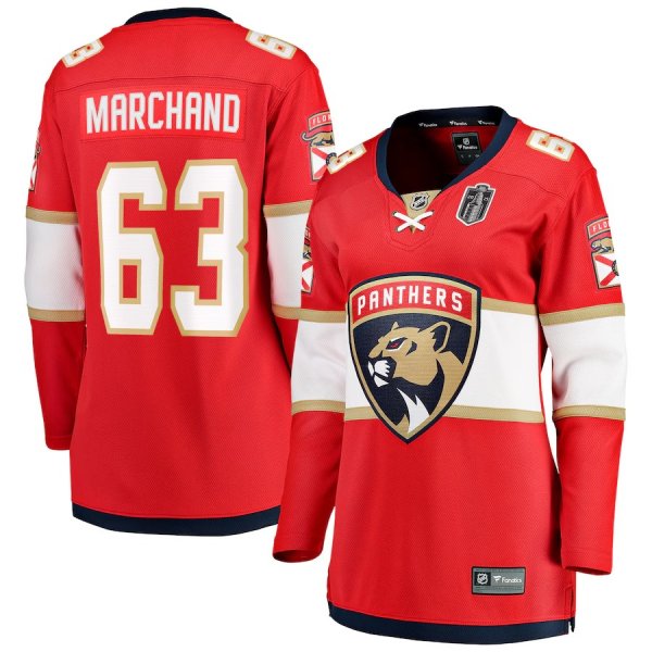 Women's #63 Brad Marchand Florida Panthers 2025 Stanley Cup Final Home Breakaway Player Red Jersey