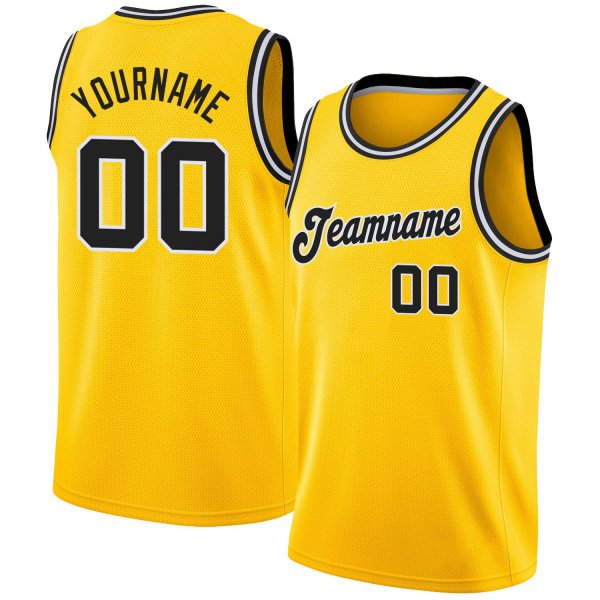 Men's Custom Gold Black-White Round Neck Rib-Knit Basketball Jersey